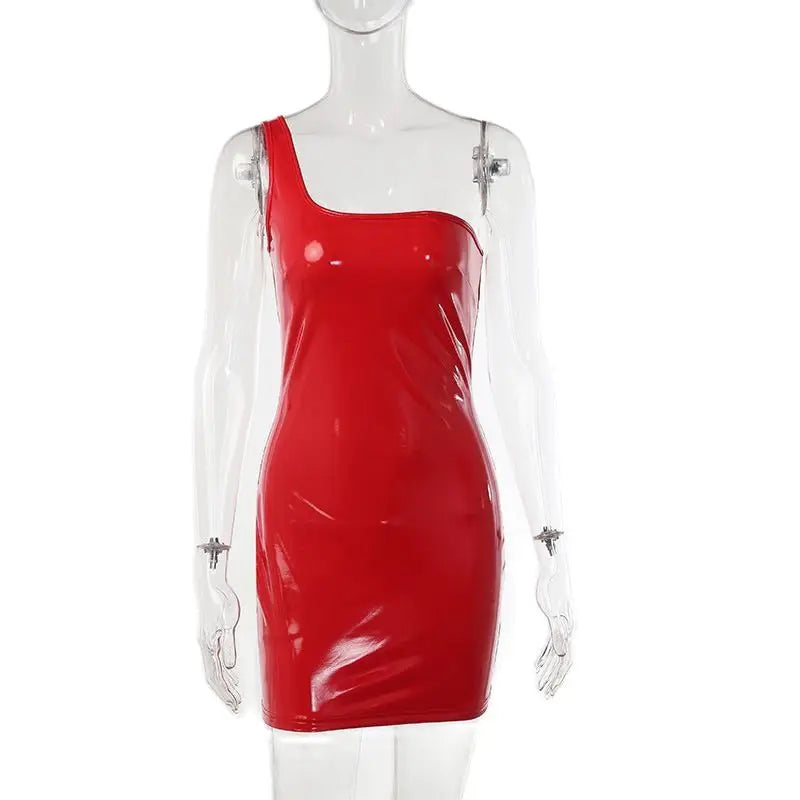 Bright Red Sexy Club One Shoulder Low Cut Tight Rave Festival Christmas Party Dress / S Dresses-L