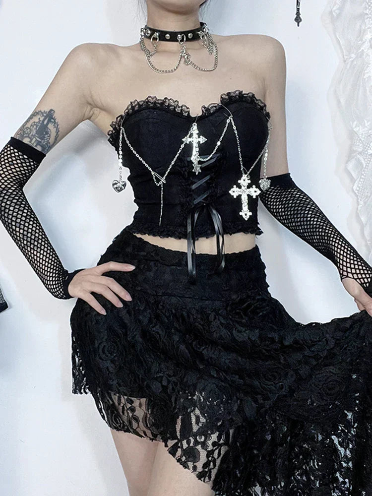 Gothic Dark Punk Harajuku Grunge Stylish Elegant Chic Trendy Lace-Up Crop Top