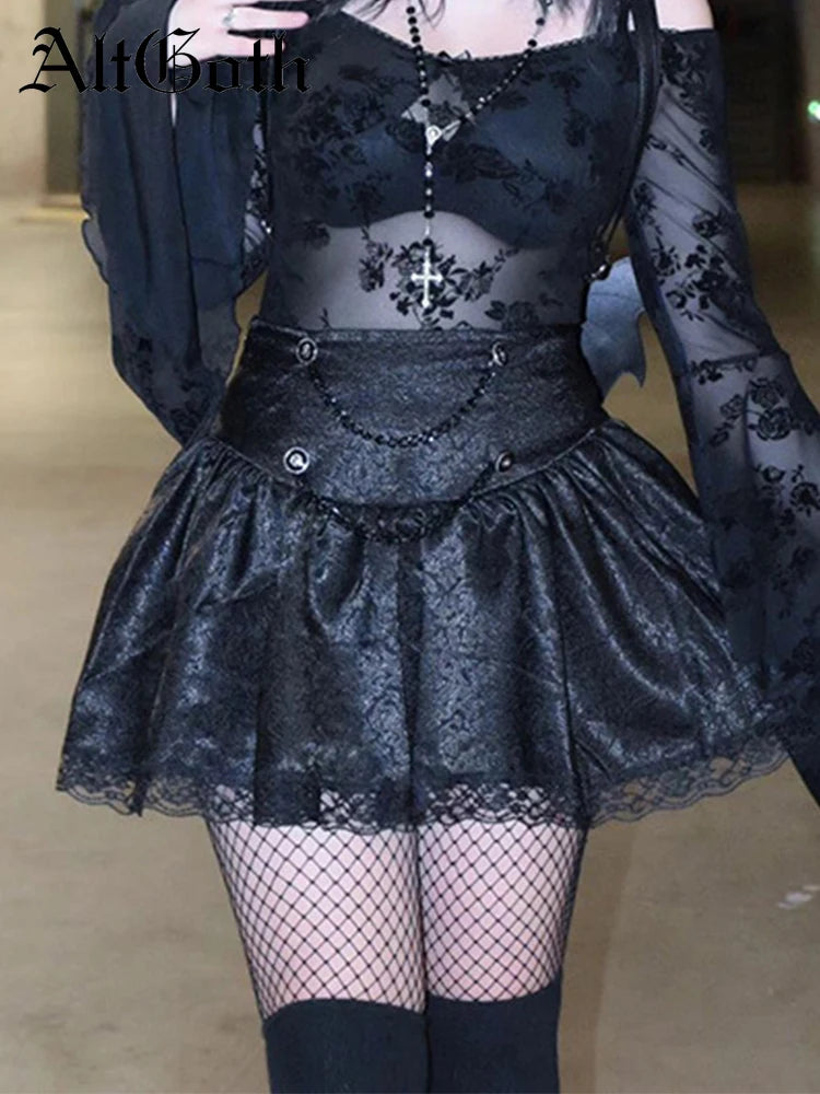 Goth AltGoth Fairycore Grunge Lace Chain High Waist Skirt