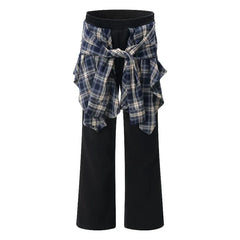 Plaid Patchwork High Waist Pants Black / S