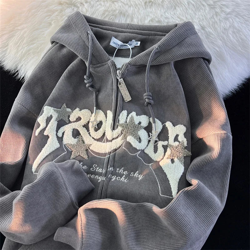 Vintage Goth Corduroy Zip Up Hoodie GRAY / M(40-50KG)