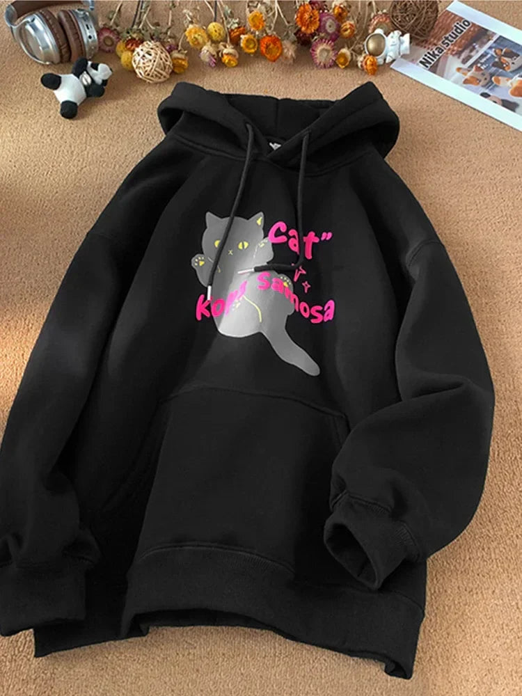 Anime Kawaii Cat Graphic Retro Hoodie Black / M(40-45KG)