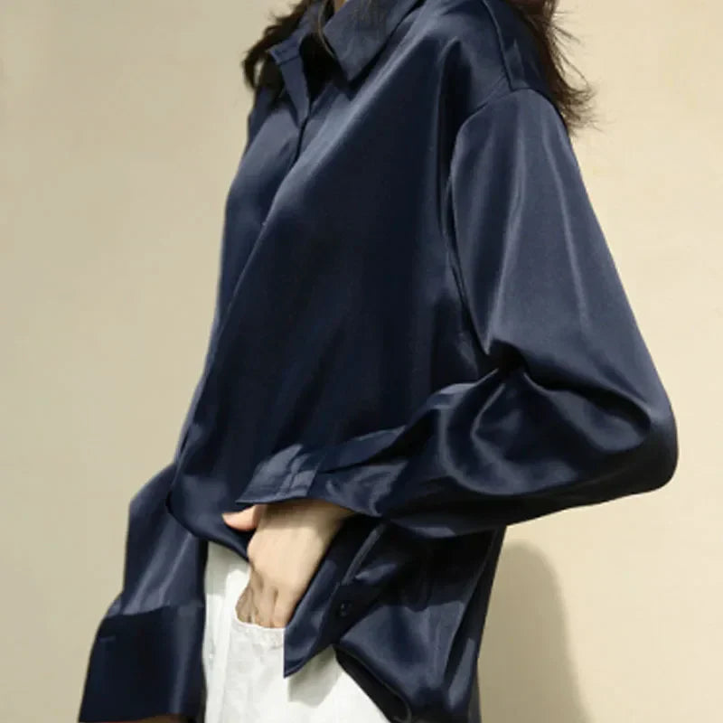 Autumn Button Up Satin Vintage White Blouse blouse-250223