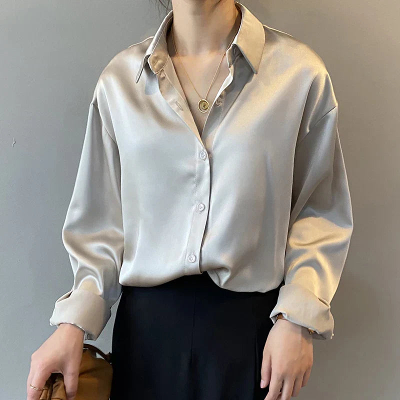 Autumn Button Up Satin Vintage White Blouse blouse-250223
