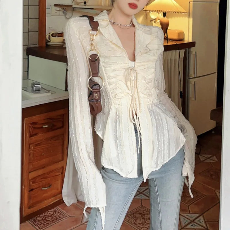 Lace Up Blouse Turn-down Collar Women Blouse blouse-250126