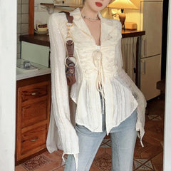 Lace Up Blouse Turn-down Collar Women Blouse blouse-250126