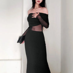 Autumn Sexy Strapless Black Lace Patchwork Long Streetwear Club Bodycon Dress