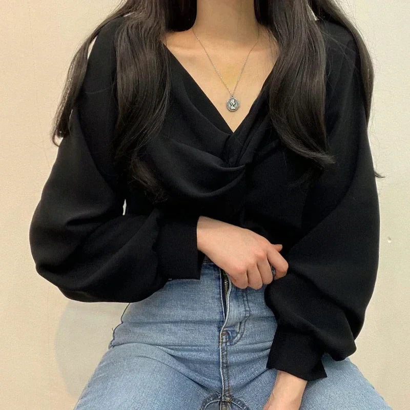 V-neck Twisted Lantern Sleeve Solid Casual Blouse blouse-250126