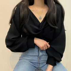 V-neck Twisted Lantern Sleeve Solid Casual Blouse blouse-250126