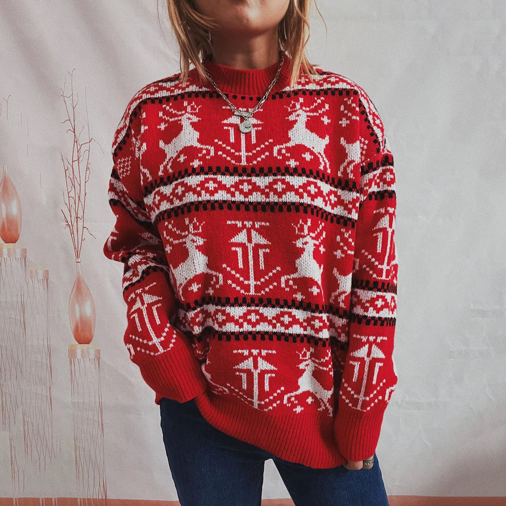 Funny Reindeer Printed Christmas Sweat Womens Sweater Red / S Sweaters-L