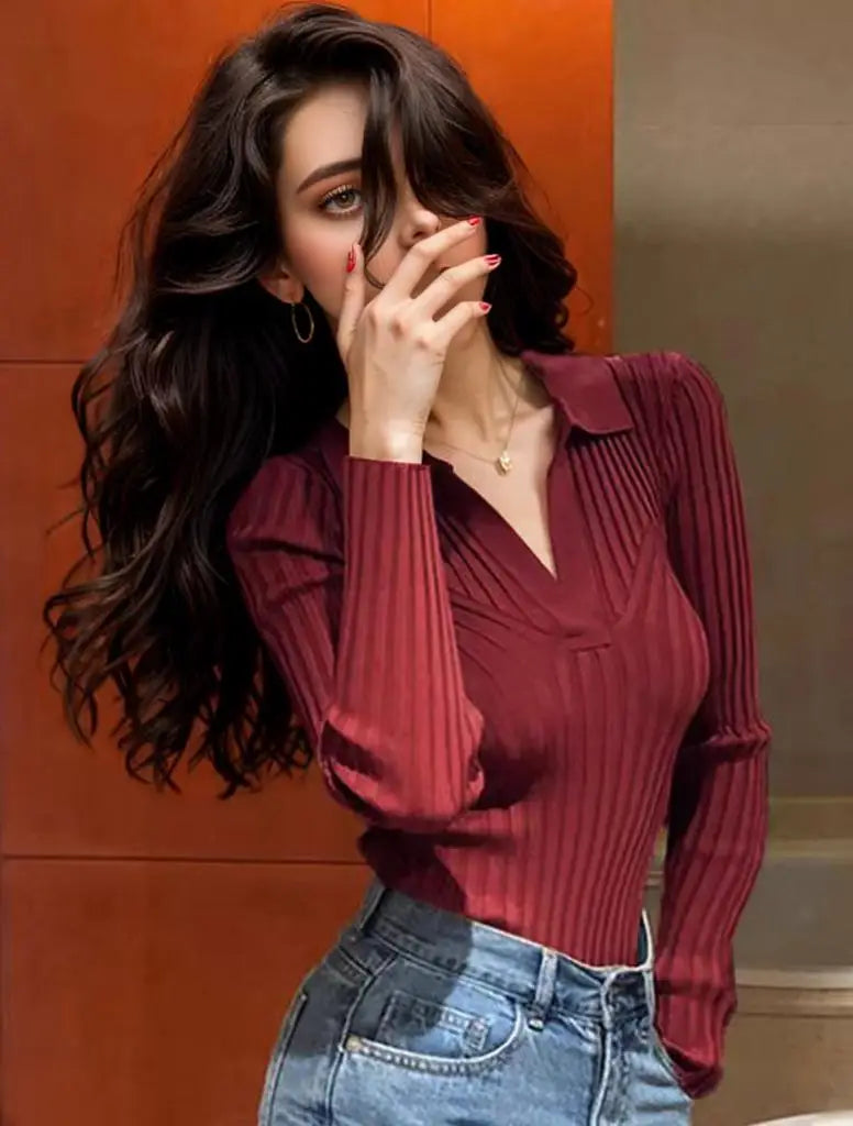 Christmas Sweater - Slim Knitting Polo Collar Long Sleeve Soft Warm Knitwear Burgundy / One Size