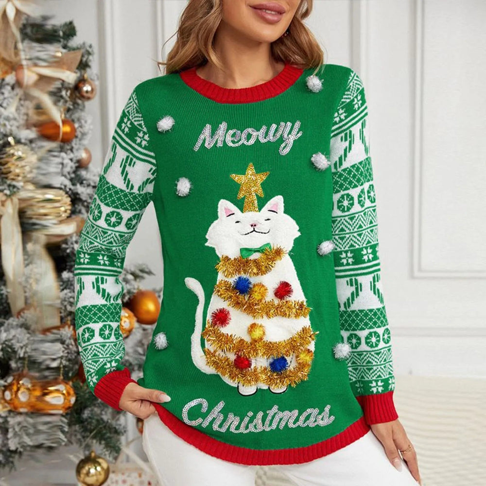 Ladies Cartoon Casual Loose Pullover Christmas Sweater Green / S Sweaters-L