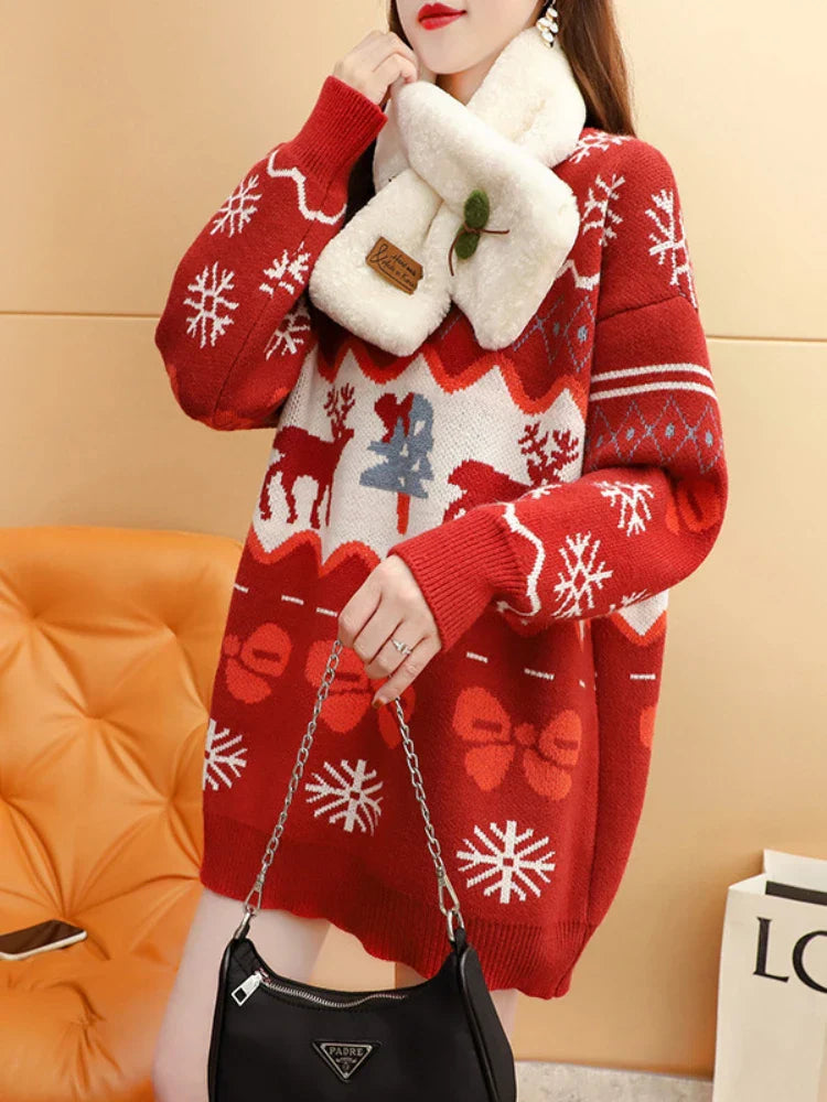 Autumn Winter Christmas Elk Red Oversized Casual Fashion Sweater Sweaters-L