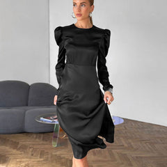 Black Thick Matte Satin round Neck Puff Sleeve Russian Office