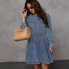 Casual Patchwork Tight Waist Denim Long Sleeve Dress