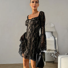 French Black Design Lace Hollow Out Cutout out Elegant Square Collar Puff Sleeve Slim Fit Tied