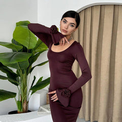 Socialite Elegant round Neck Rose Decorative Long Sleeve