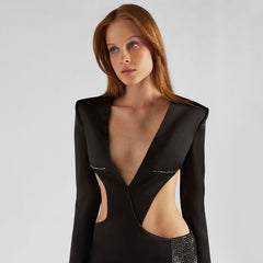 Black Cut out Rhinestone Dress Long Sleeve Split Slim Fit Dress Sexy