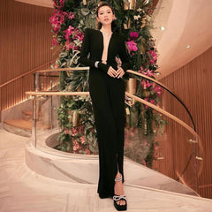 Black Long Sleeve Ring V neck Dress White Red Christmas Dress