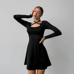 Black Slim Fit Slimming Knitted Square Collar Design Lace up Dress Office Split