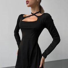 Black Slim Fit Slimming Knitted Square Collar Design Lace up Dress Office Split