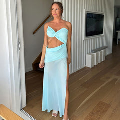 Tube Top Backless Lace up See through Solid Color Mesh Split Dress