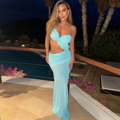 Tube Top Backless Lace up See through Solid Color Mesh Split Dress