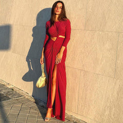 Elegant Solid Color round Neck High Slit Slim Long Sleeve Dress