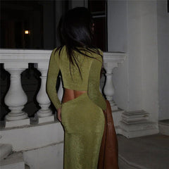 Deep V Plunge neck Solid Color Slim Fit Sheath Long Sleeve