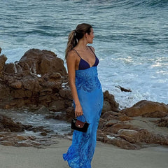 Contrast Color Printed V neck Backless Spaghetti Straps Dress