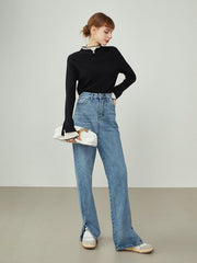 Contrast Trim Mock Trendy Neck Knit Top Sweaters-L