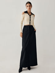 Colorblock Open Collar Cutout Modern Crop Long Sleeve Top Sweaters-L