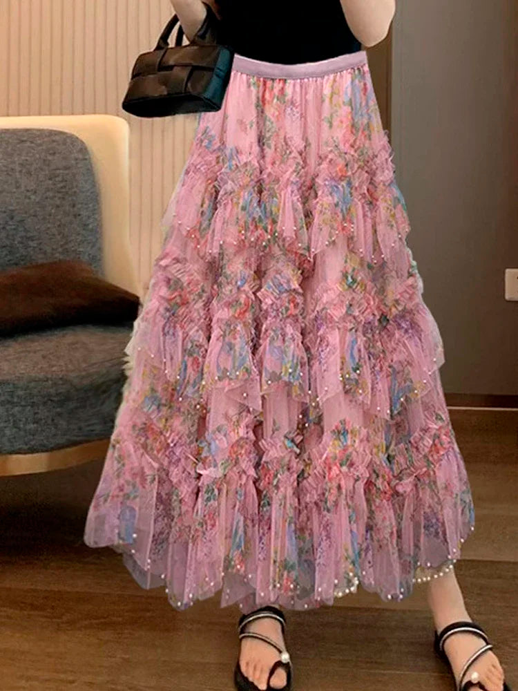 Beading Elegant Asymmetrical Mesh Tulle Skirt Pink / One Size skirt-250126