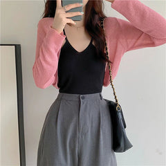 Thin Long Sleeve Sunscreen Cropped Solid Knit Cardigan Pink / One Size 35-60kg cardiagn-250126