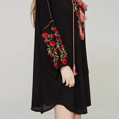 Black Cotton Rayon Floral Embroidery Beach Dress bohodress-250126