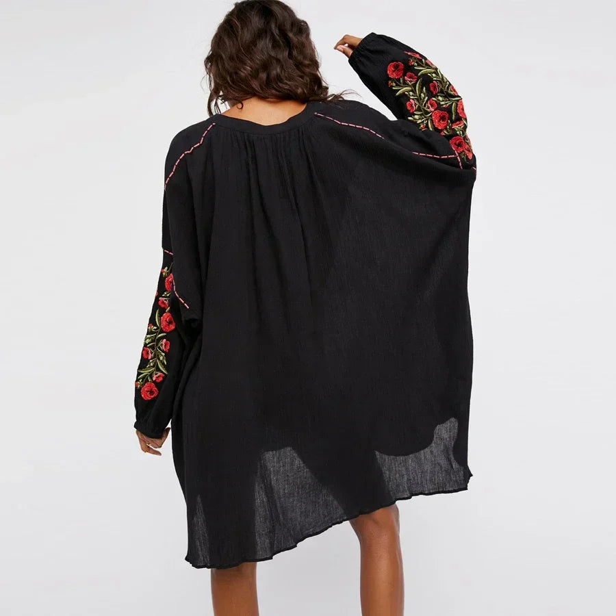 Black Cotton Rayon Floral Embroidery Beach Dress bohodress-250126