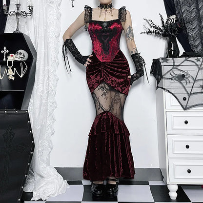 Black Women Sexy Lace Grunge Stitching Fairy Gothic Fishtail Fall Velvet Skirt