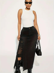 Black Flap Pockets Denim Midi Skirt Raw Hem Distressed Washed Cargo Jean
