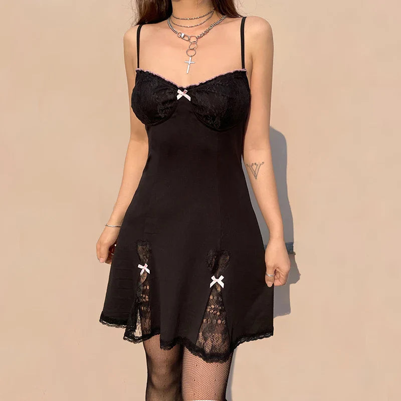 Black Trim A-Line Grunge Bow Lace Gothic Neck Aesthetic Sleeveless Mini Style Lolita Y2K V Frock