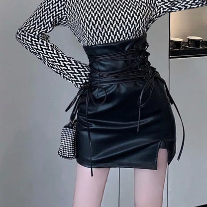 Sexy Slim Fit Black Gothic High Waist Lace - Up Mini Skirt