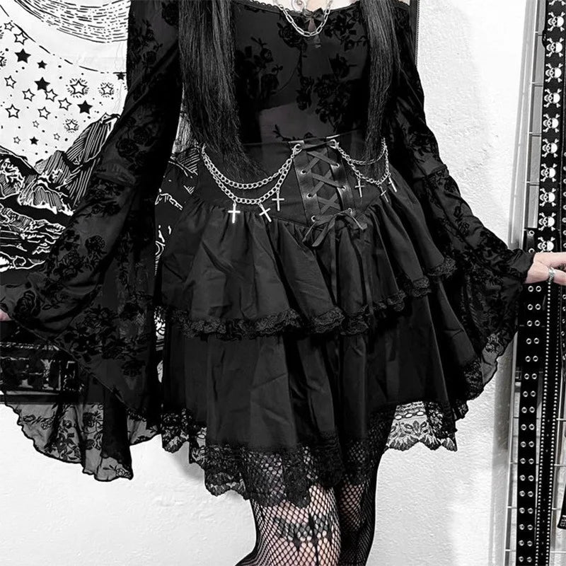 Black Mini Gothic Fairycore Irregular Cute Patchwork Drawstring Sexy Waist Women Folds Ruffle High Skirt