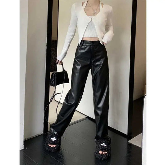 Black Pu Leather High Waist Straight Wide Fashion Streetwear Plus Size Pants