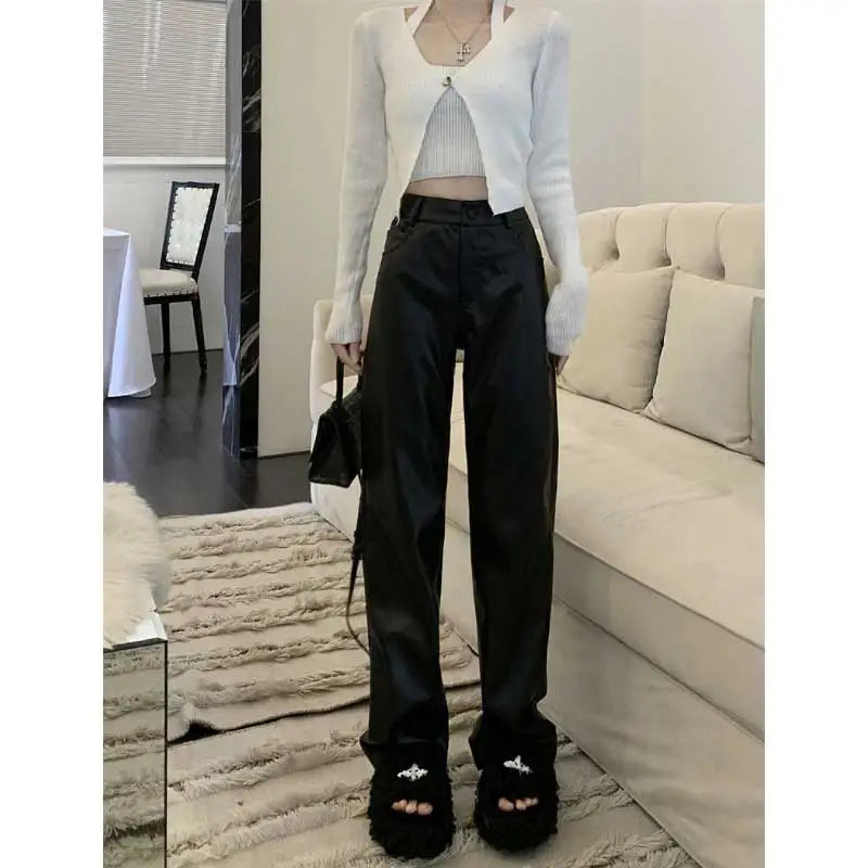 Vintage High Waist Straight Leather Solid Pockets Oversized Casual Pants