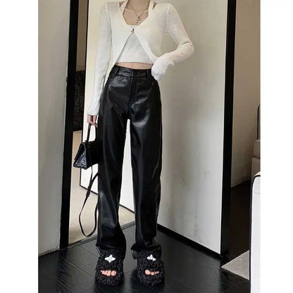 Vintage High Waist Straight Leather Solid Pockets Oversized Casual Pants