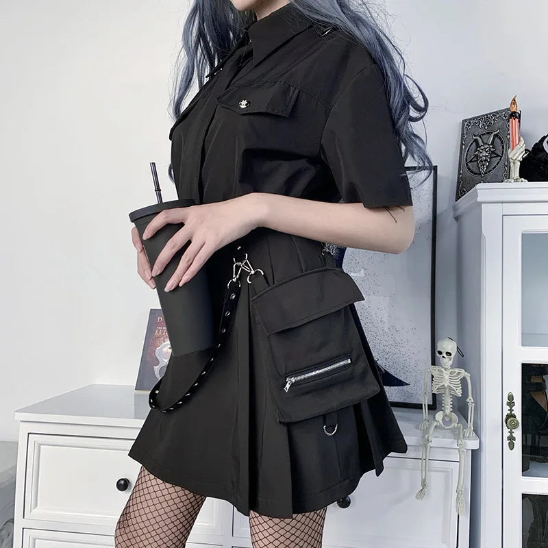 Black Functional Gothic Harajuku Goth Irregular Waist Tooling Waist High Pleated Y2k Chain A-line Skirt