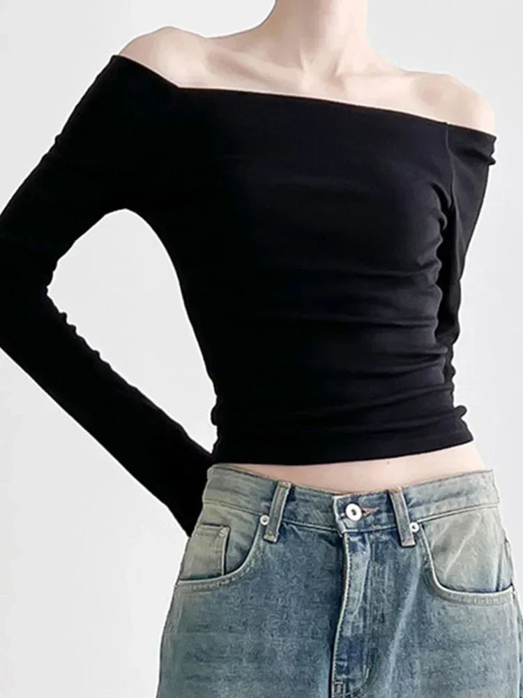 Black Slash Neck Elegant Long Sleeve Slim Knit Top knittop-250126