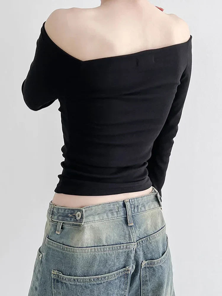 Black Slash Neck Elegant Long Sleeve Slim Knit Top knittop-250126