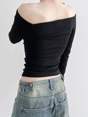 Black Slash Neck Elegant Long Sleeve Slim Knit Top knittop-250126