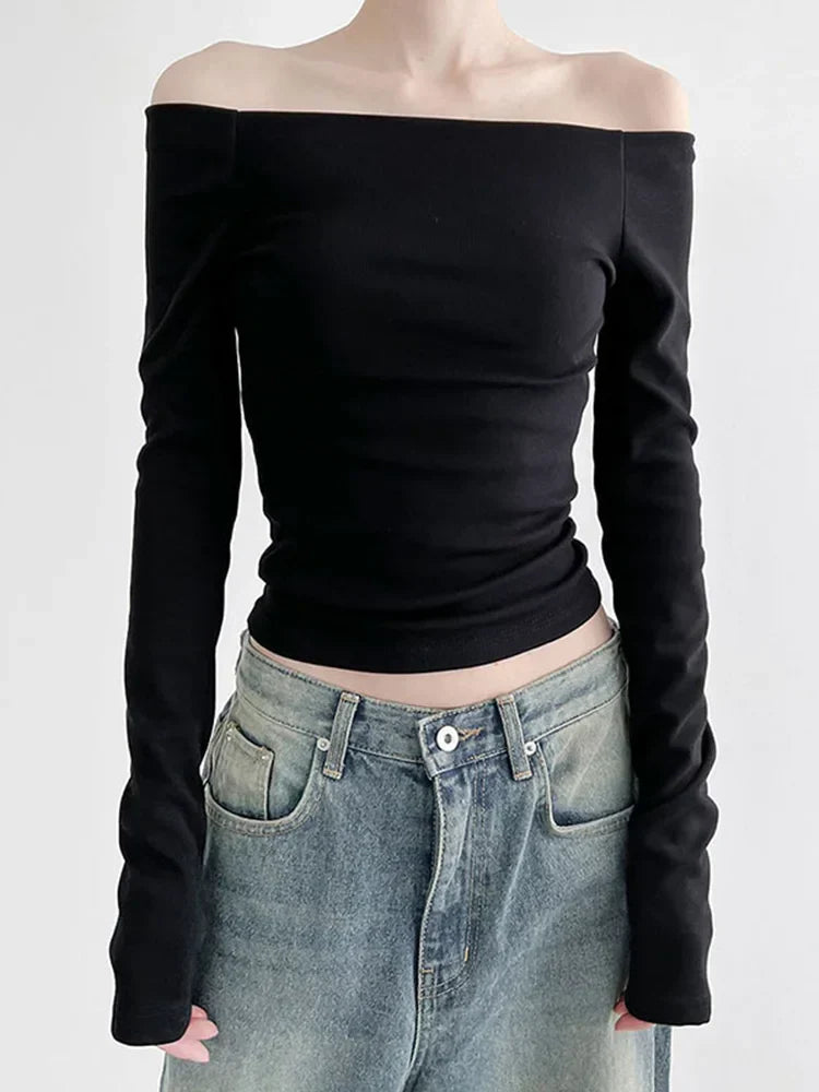 Black Slash Neck Elegant Long Sleeve Slim Knit Top Black / XL knittop-250126