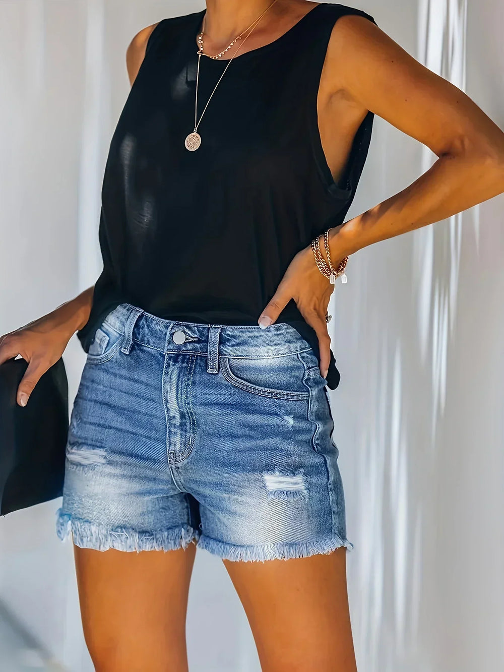 Blue Frayed Hem Denim Shorts Ripped Holes Slash Pockets Short Jean